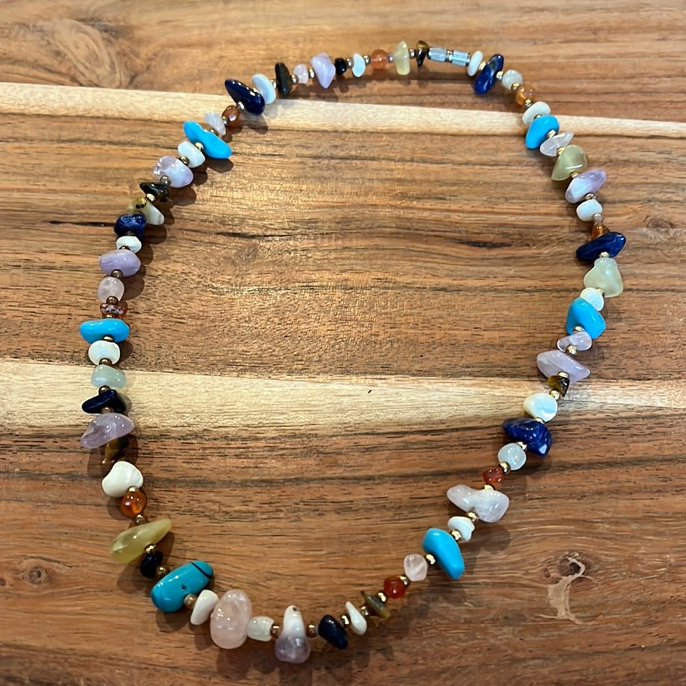 Vintage Blue Multicolor Dainty Stone Gold Beaded Necklace